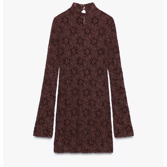 Zara burgundy lace mini dress with bell sleeves Size S - Picture 2 of 6